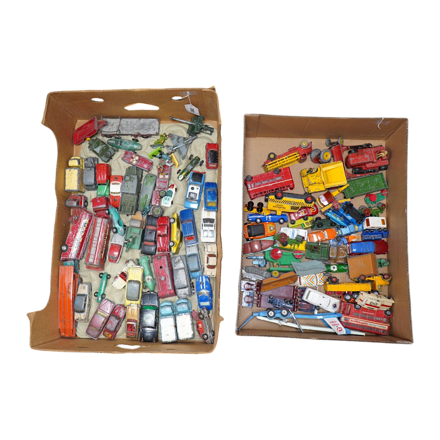 A collection of approximately ninety Dinky Toys, Corgi Toys, Matchbox Series, etc. for restoration, comprising of 1950s to 1970s diecast models of cars, commercial vehicles, military vehicles, etc. Condition - poor, most